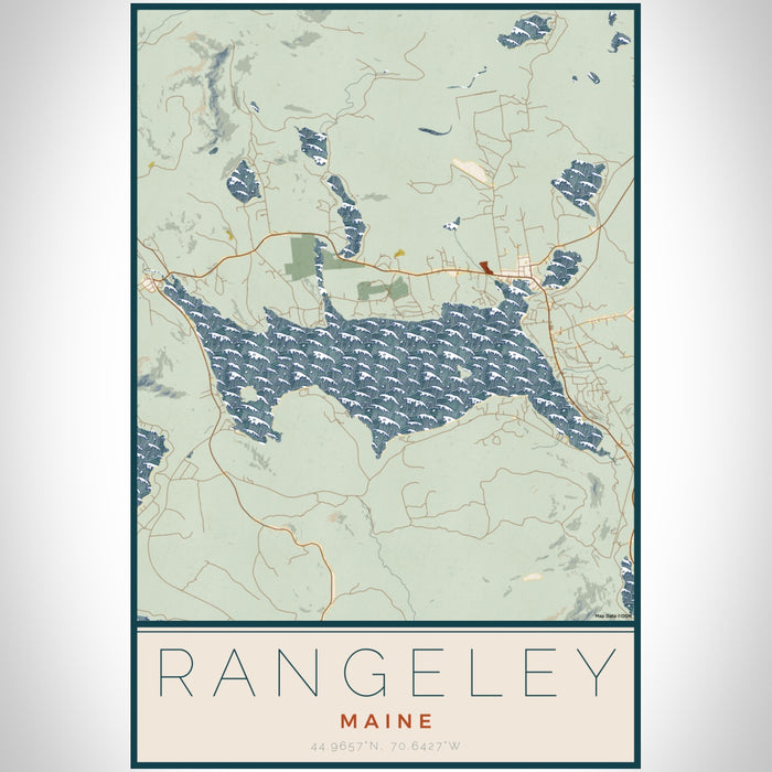 Rangeley Maine Map Print Portrait Orientation in Woodblock Style With Shaded Background