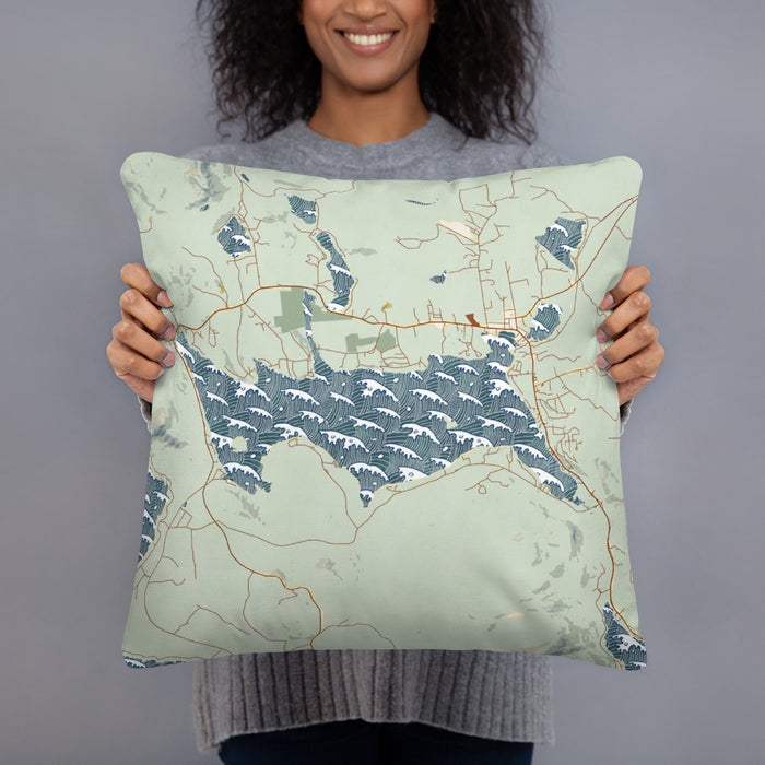 Person holding 18x18 Custom Rangeley Maine Map Throw Pillow in Woodblock