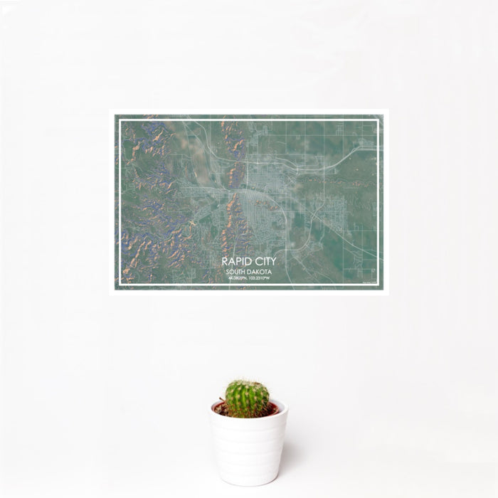 12x18 Rapid City South Dakota Map Print Landscape Orientation in Afternoon Style With Small Cactus Plant in White Planter