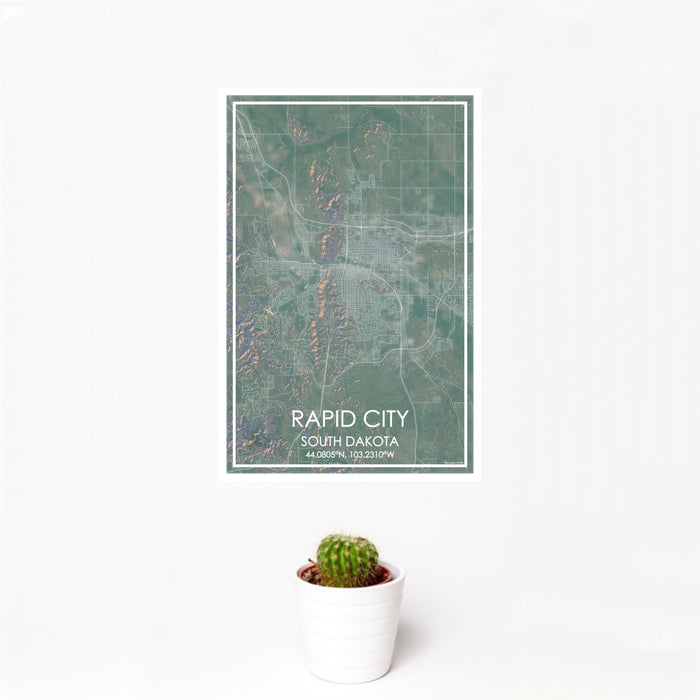 12x18 Rapid City South Dakota Map Print Portrait Orientation in Afternoon Style With Small Cactus Plant in White Planter