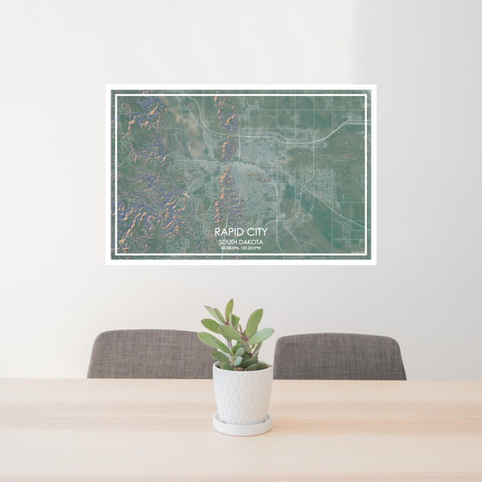 24x36 Rapid City South Dakota Map Print Lanscape Orientation in Afternoon Style Behind 2 Chairs Table and Potted Plant