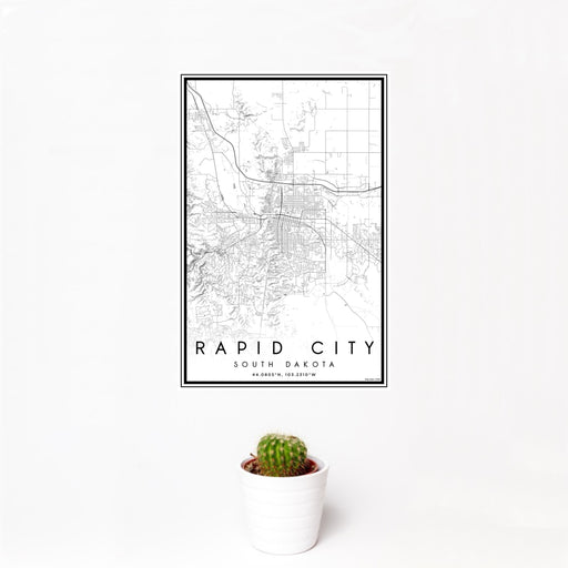 12x18 Rapid City South Dakota Map Print Portrait Orientation in Classic Style With Small Cactus Plant in White Planter