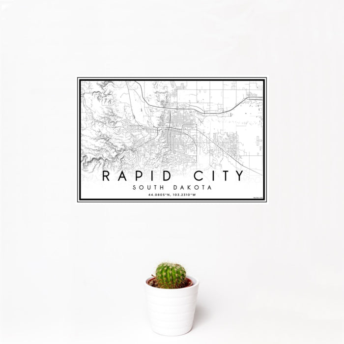 12x18 Rapid City South Dakota Map Print Landscape Orientation in Classic Style With Small Cactus Plant in White Planter