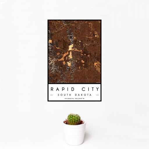 12x18 Rapid City South Dakota Map Print Portrait Orientation in Ember Style With Small Cactus Plant in White Planter