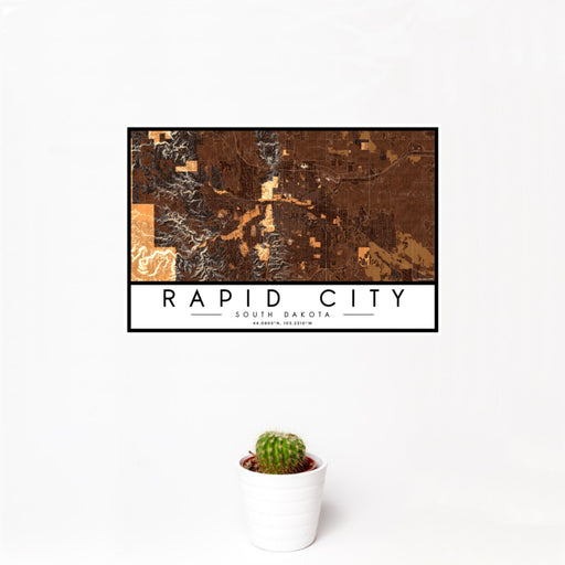 12x18 Rapid City South Dakota Map Print Landscape Orientation in Ember Style With Small Cactus Plant in White Planter