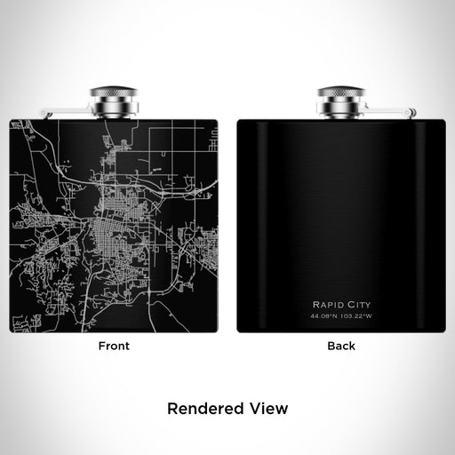 Rendered View of Rapid City South Dakota Map Engraving on 6oz Stainless Steel Flask in Black