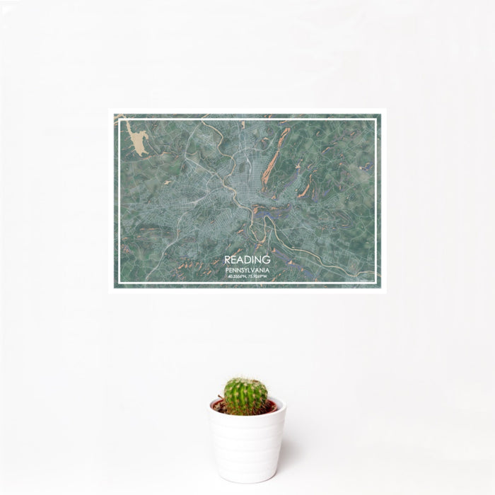 12x18 Reading Pennsylvania Map Print Landscape Orientation in Afternoon Style With Small Cactus Plant in White Planter
