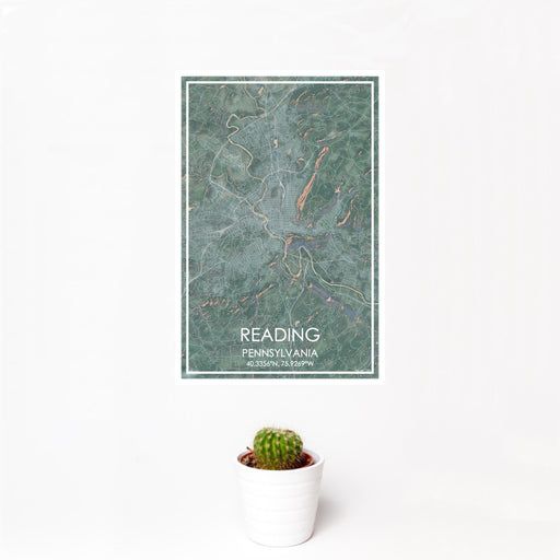 12x18 Reading Pennsylvania Map Print Portrait Orientation in Afternoon Style With Small Cactus Plant in White Planter