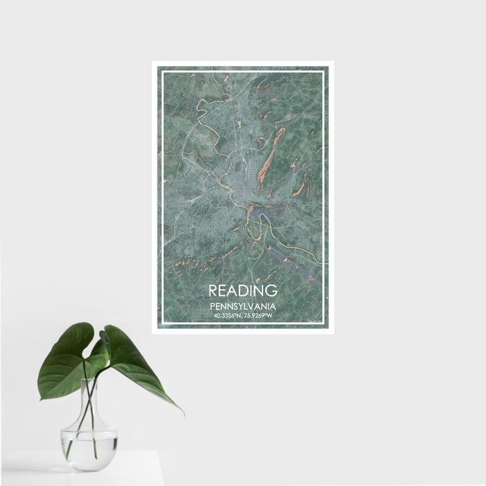 16x24 Reading Pennsylvania Map Print Portrait Orientation in Afternoon Style With Tropical Plant Leaves in Water