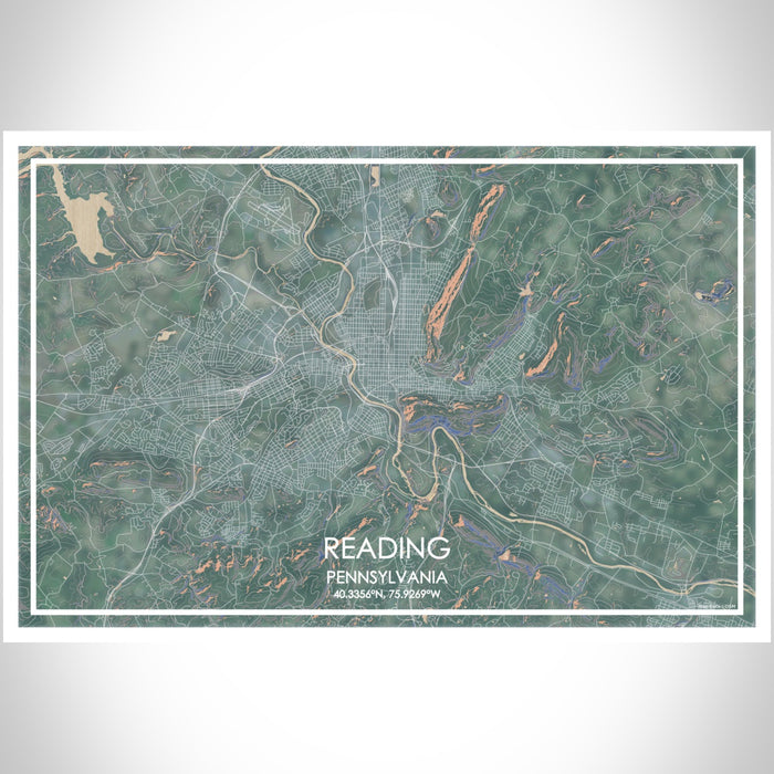 Reading Pennsylvania Map Print Landscape Orientation in Afternoon Style With Shaded Background