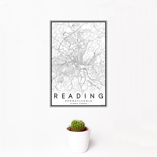 12x18 Reading Pennsylvania Map Print Portrait Orientation in Classic Style With Small Cactus Plant in White Planter