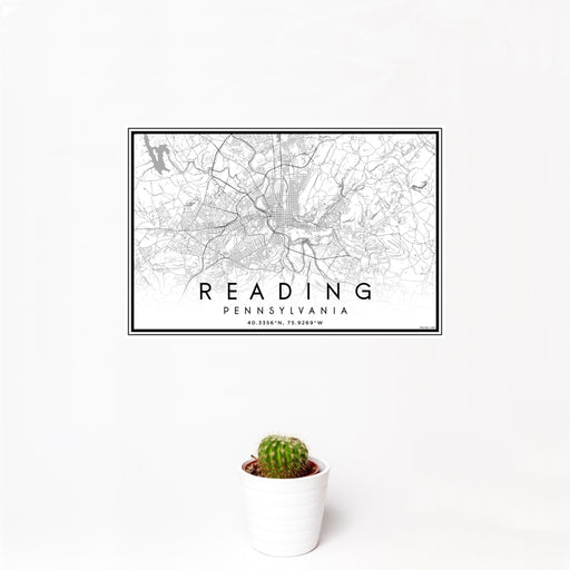 12x18 Reading Pennsylvania Map Print Landscape Orientation in Classic Style With Small Cactus Plant in White Planter