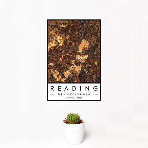 12x18 Reading Pennsylvania Map Print Portrait Orientation in Ember Style With Small Cactus Plant in White Planter