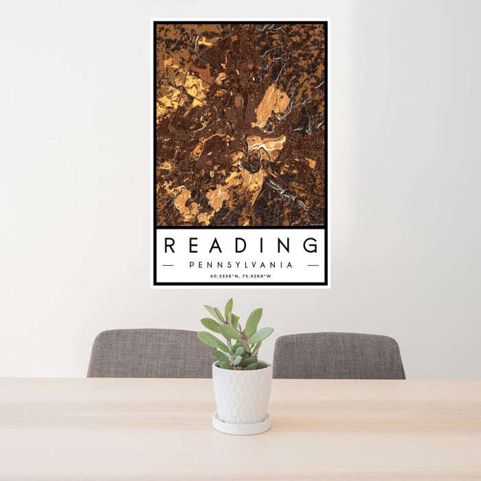 24x36 Reading Pennsylvania Map Print Portrait Orientation in Ember Style Behind 2 Chairs Table and Potted Plant