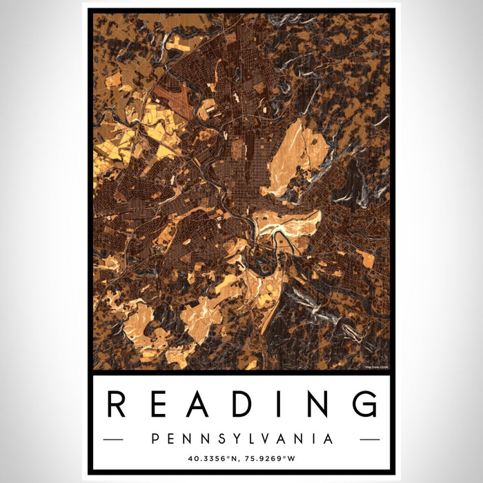 Reading Pennsylvania Map Print Portrait Orientation in Ember Style With Shaded Background