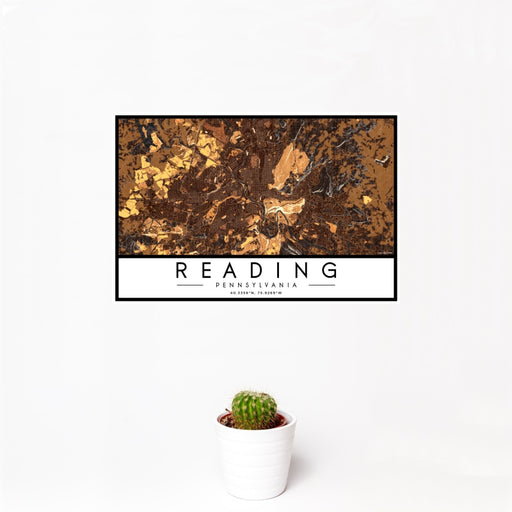 12x18 Reading Pennsylvania Map Print Landscape Orientation in Ember Style With Small Cactus Plant in White Planter