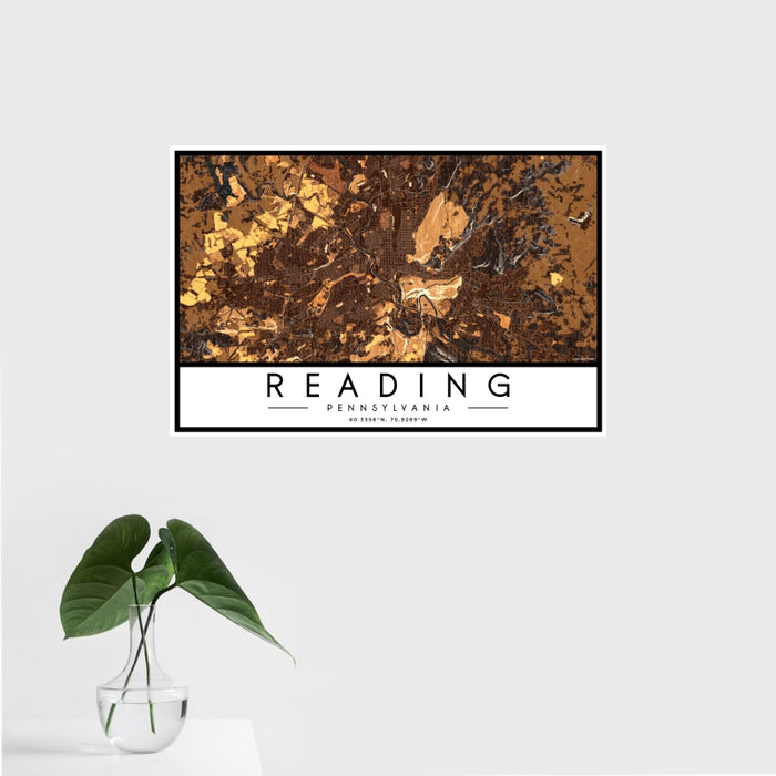 16x24 Reading Pennsylvania Map Print Landscape Orientation in Ember Style With Tropical Plant Leaves in Water