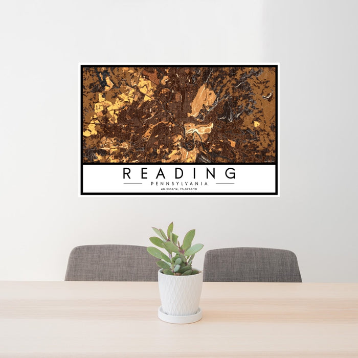 24x36 Reading Pennsylvania Map Print Landscape Orientation in Ember Style Behind 2 Chairs Table and Potted Plant