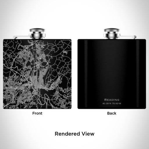 Rendered View of Reading Pennsylvania Map Engraving on 6oz Stainless Steel Flask in Black