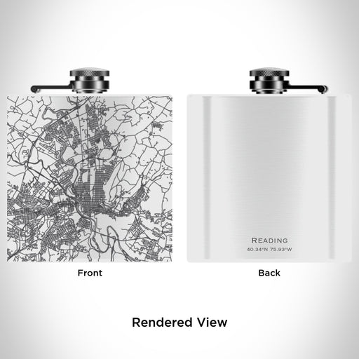 Rendered View of Reading Pennsylvania Map Engraving on 6oz Stainless Steel Flask in White