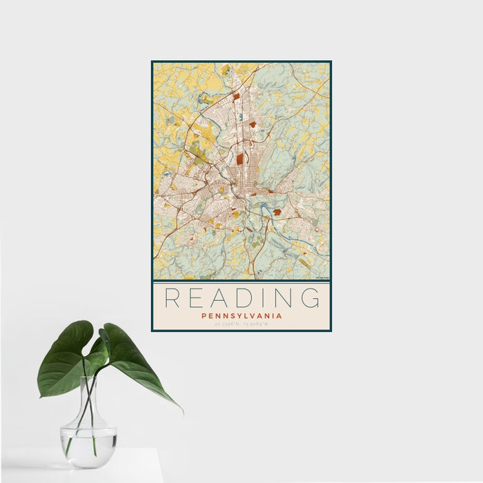 16x24 Reading Pennsylvania Map Print Portrait Orientation in Woodblock Style With Tropical Plant Leaves in Water