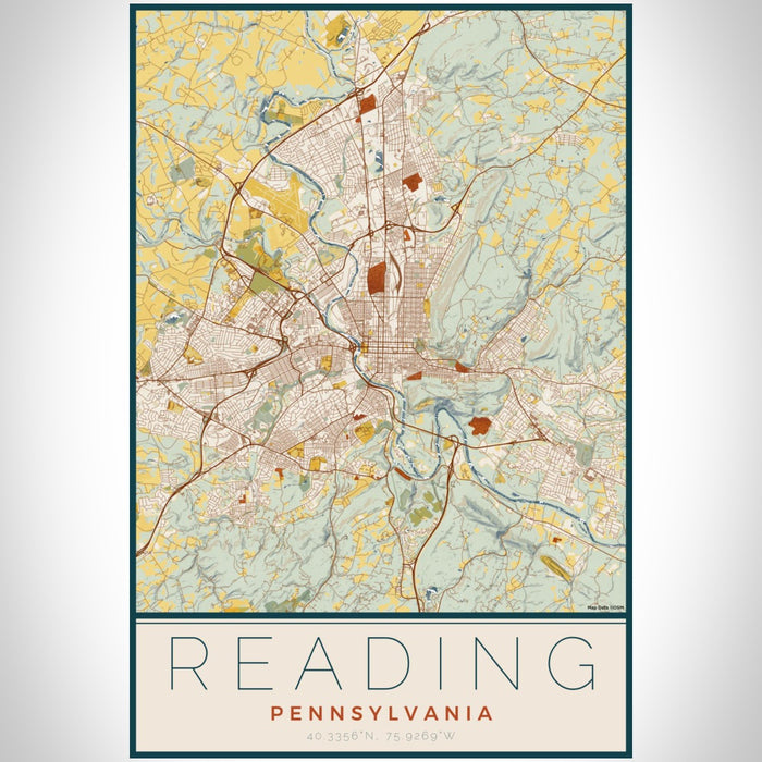 Reading Pennsylvania Map Print Portrait Orientation in Woodblock Style With Shaded Background