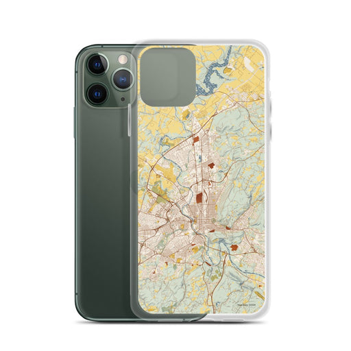 Custom Reading Pennsylvania Map Phone Case in Woodblock on Table with Laptop and Plant