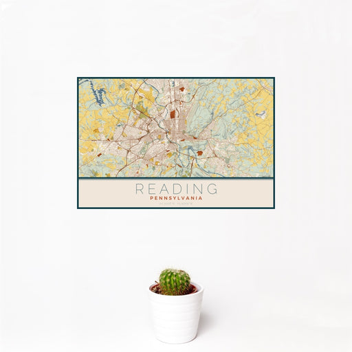 12x18 Reading Pennsylvania Map Print Landscape Orientation in Woodblock Style With Small Cactus Plant in White Planter