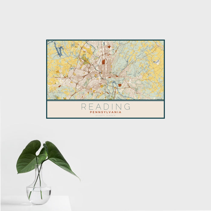 16x24 Reading Pennsylvania Map Print Landscape Orientation in Woodblock Style With Tropical Plant Leaves in Water