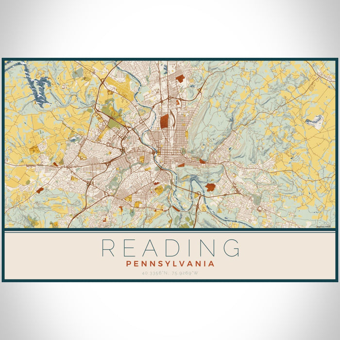 Reading Pennsylvania Map Print Landscape Orientation in Woodblock Style With Shaded Background