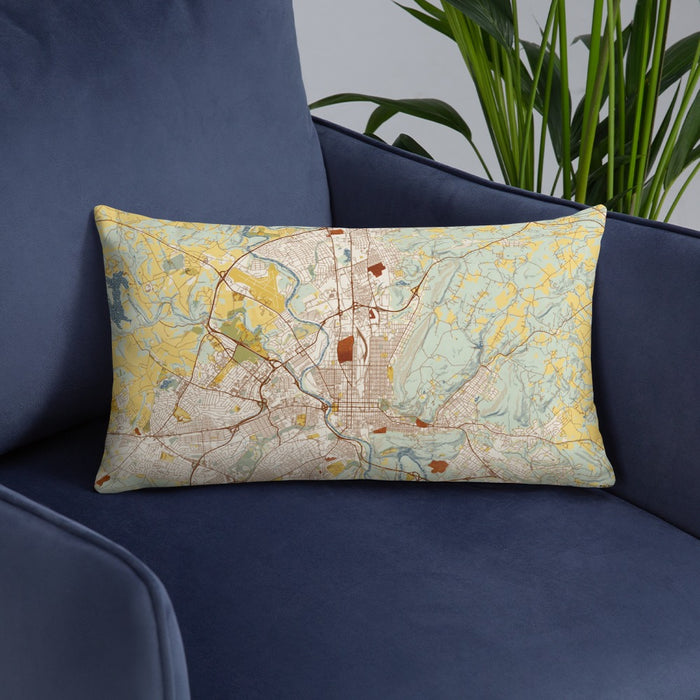Custom Reading Pennsylvania Map Throw Pillow in Woodblock on Blue Colored Chair