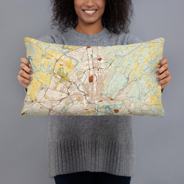 Person holding 20x12 Custom Reading Pennsylvania Map Throw Pillow in Woodblock
