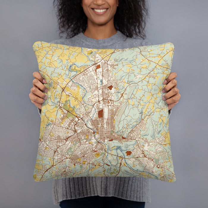 Person holding 18x18 Custom Reading Pennsylvania Map Throw Pillow in Woodblock