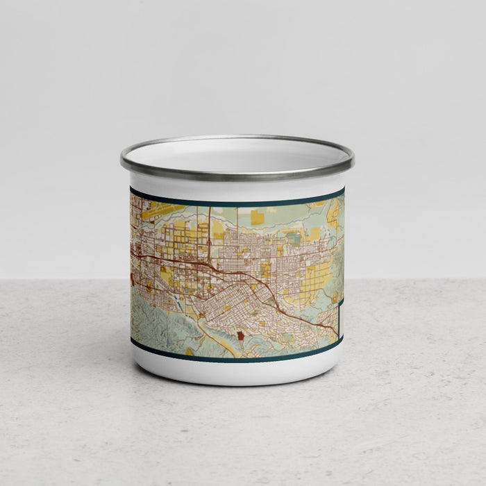 Front View Custom Redlands California Map Enamel Mug in Woodblock
