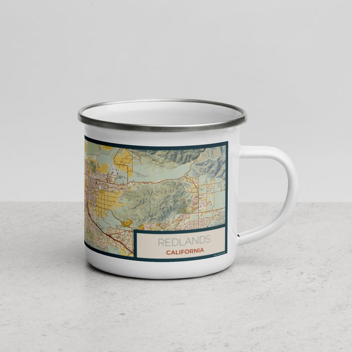 Right View Custom Redlands California Map Enamel Mug in Woodblock