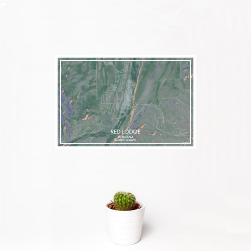 12x18 Red Lodge Montana Map Print Landscape Orientation in Afternoon Style With Small Cactus Plant in White Planter