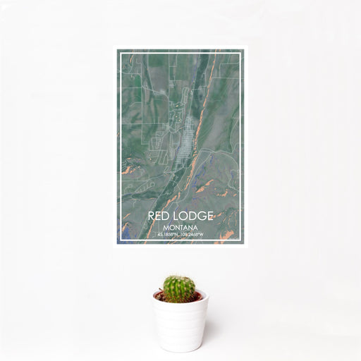 12x18 Red Lodge Montana Map Print Portrait Orientation in Afternoon Style With Small Cactus Plant in White Planter