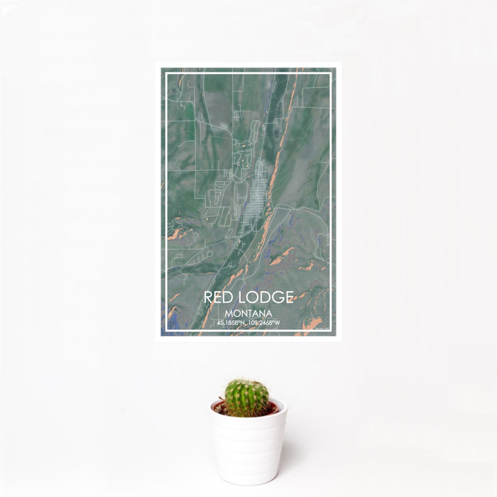 12x18 Red Lodge Montana Map Print Portrait Orientation in Afternoon Style With Small Cactus Plant in White Planter