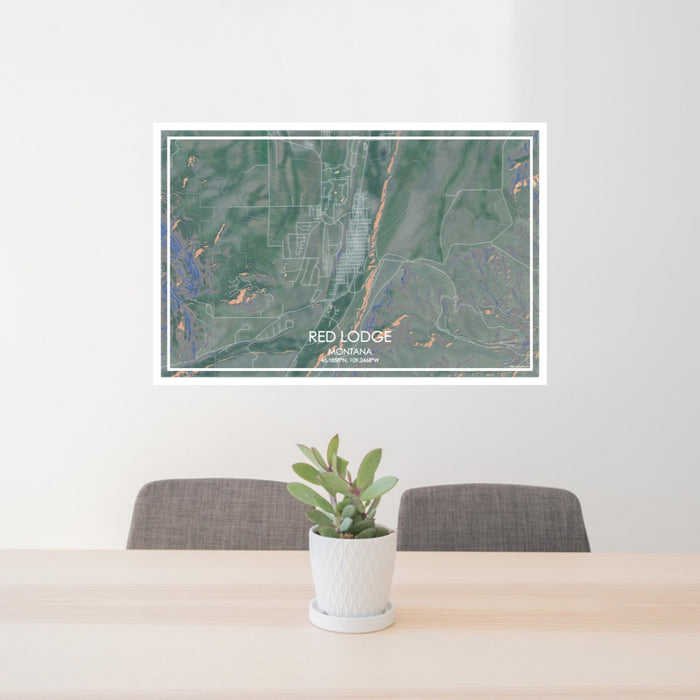 24x36 Red Lodge Montana Map Print Lanscape Orientation in Afternoon Style Behind 2 Chairs Table and Potted Plant