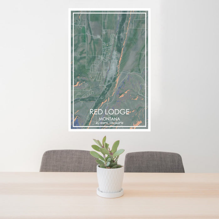 24x36 Red Lodge Montana Map Print Portrait Orientation in Afternoon Style Behind 2 Chairs Table and Potted Plant