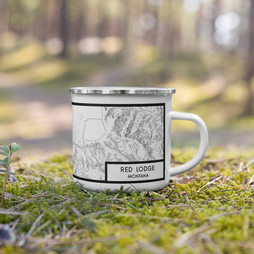Right View Custom Red Lodge Montana Map Enamel Mug in Classic on Grass With Trees in Background
