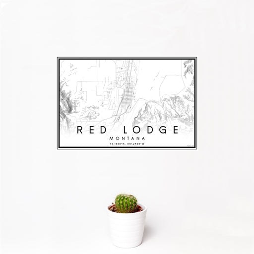 12x18 Red Lodge Montana Map Print Landscape Orientation in Classic Style With Small Cactus Plant in White Planter
