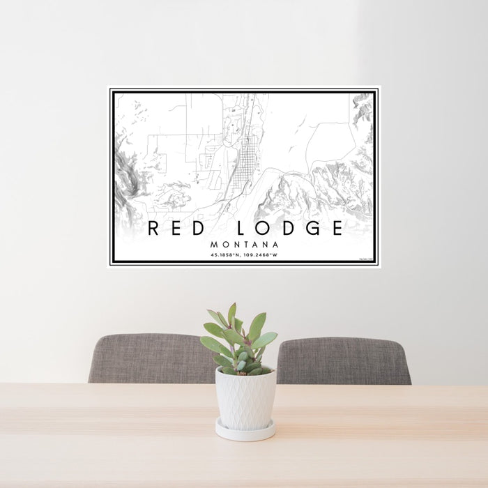 24x36 Red Lodge Montana Map Print Landscape Orientation in Classic Style Behind 2 Chairs Table and Potted Plant