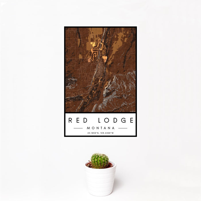 12x18 Red Lodge Montana Map Print Portrait Orientation in Ember Style With Small Cactus Plant in White Planter