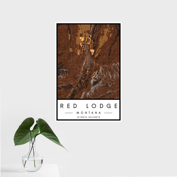 16x24 Red Lodge Montana Map Print Portrait Orientation in Ember Style With Tropical Plant Leaves in Water