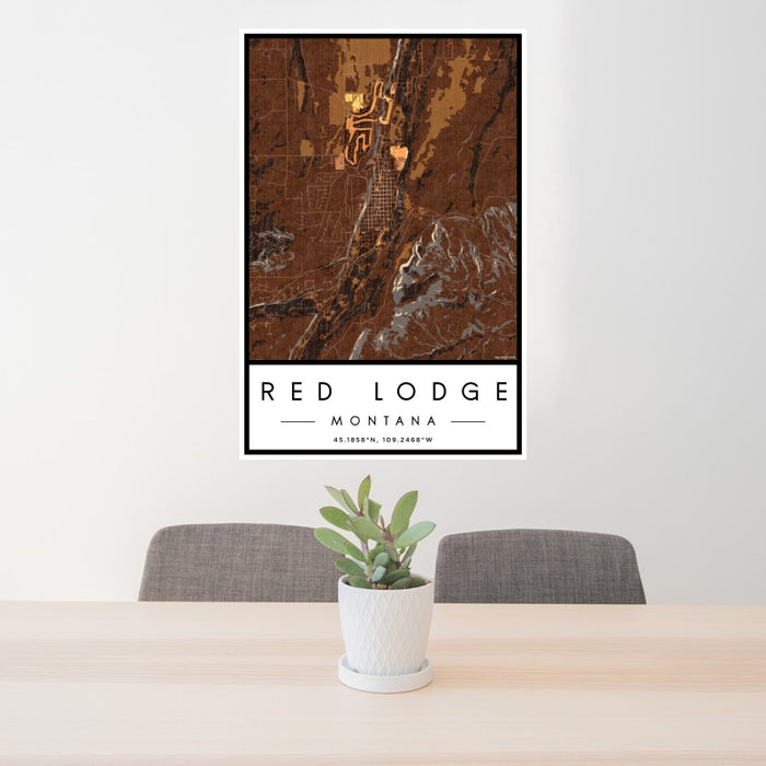 24x36 Red Lodge Montana Map Print Portrait Orientation in Ember Style Behind 2 Chairs Table and Potted Plant