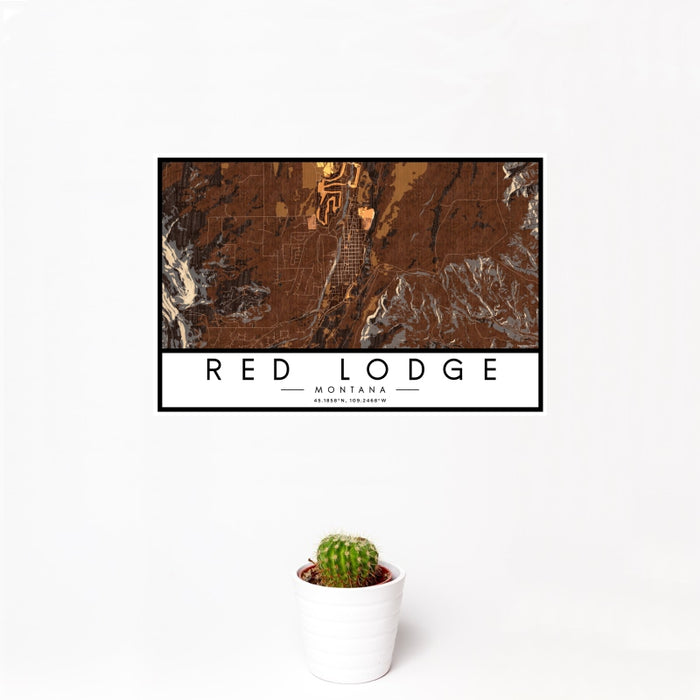 12x18 Red Lodge Montana Map Print Landscape Orientation in Ember Style With Small Cactus Plant in White Planter