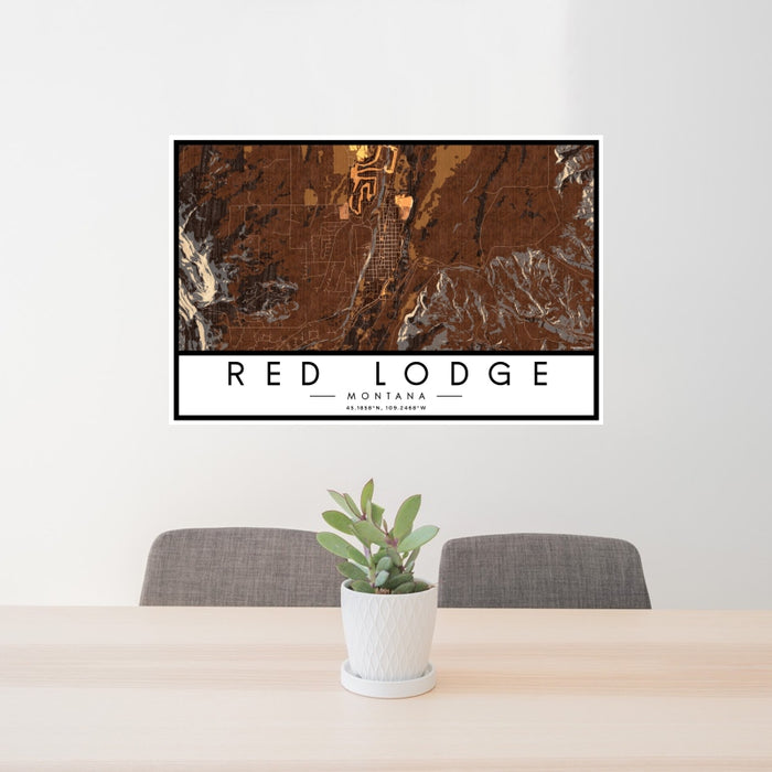 24x36 Red Lodge Montana Map Print Landscape Orientation in Ember Style Behind 2 Chairs Table and Potted Plant