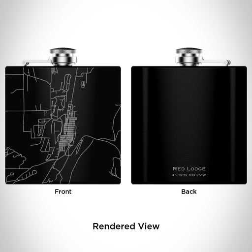 Rendered View of Red Lodge Montana Map Engraving on 6oz Stainless Steel Flask in Black