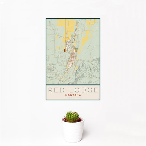 12x18 Red Lodge Montana Map Print Portrait Orientation in Woodblock Style With Small Cactus Plant in White Planter